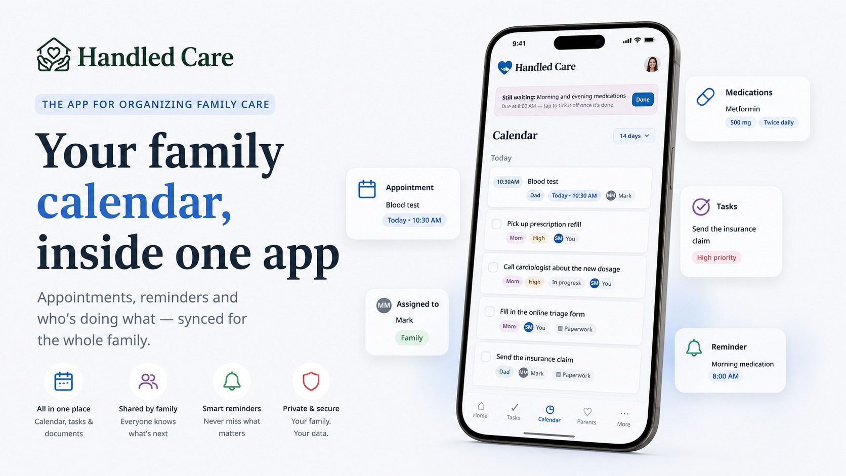 The Handled family calendar with appointments, reminders and who is doing what