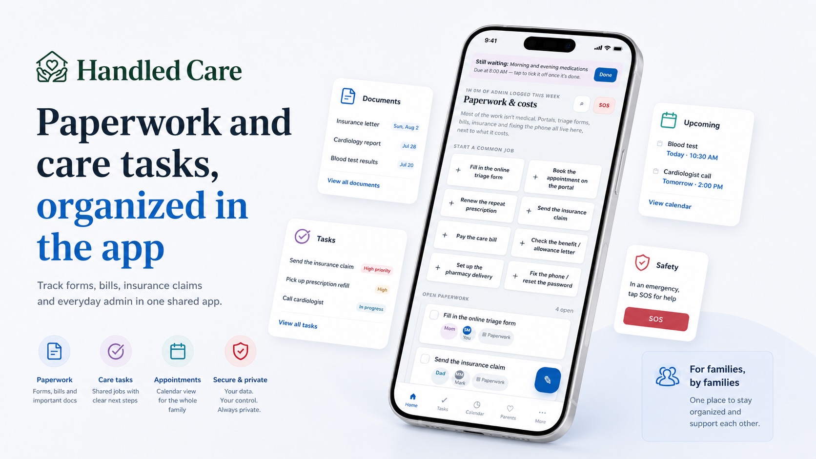 Handled screens showing paperwork, bills, insurance claims and shared care tasks