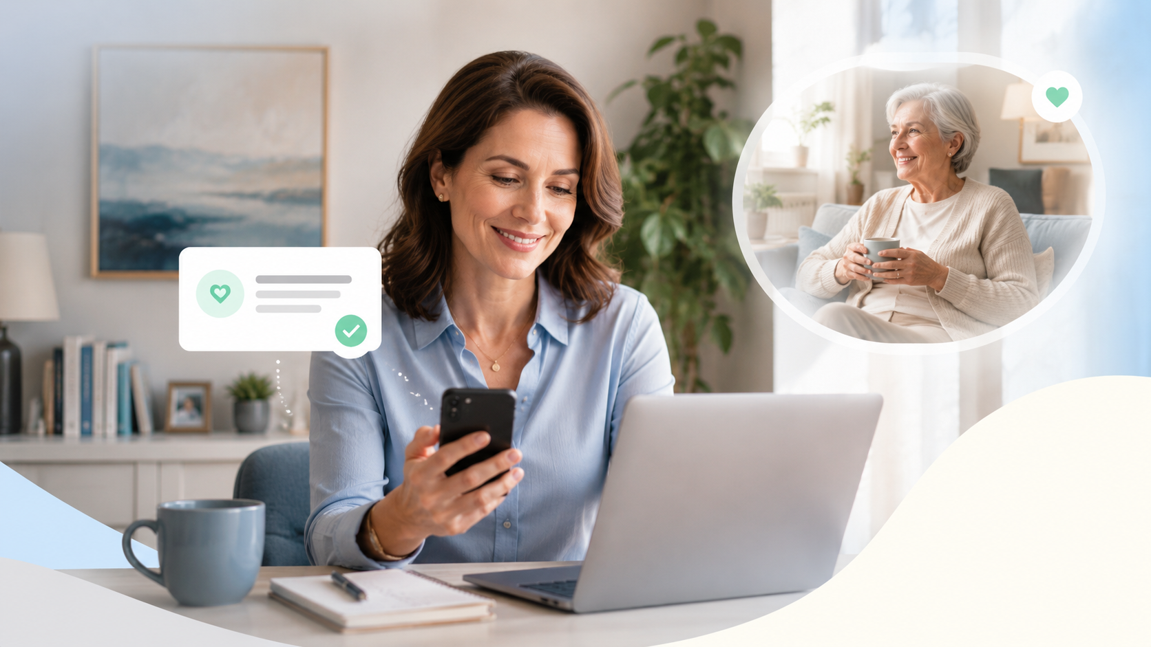 A woman checks the Handled care app on her phone while her elderly mother appears in a friendly inset