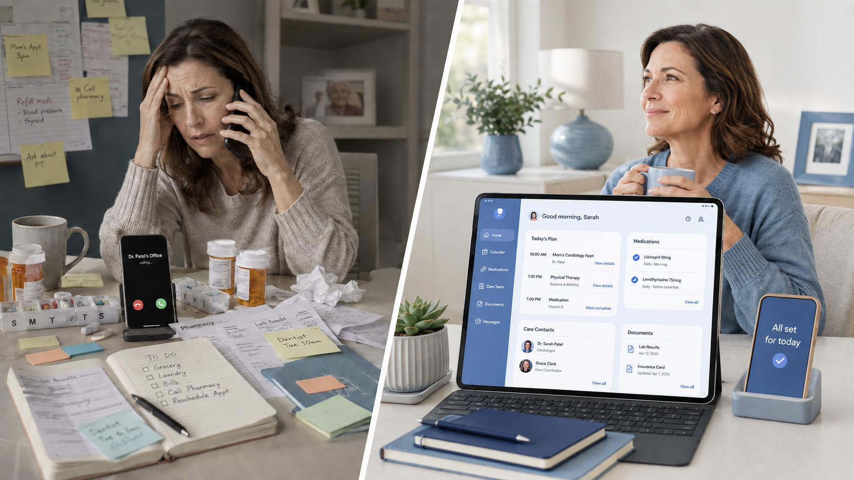 Stressed caregiver juggling paperwork and calls versus calm Handled app dashboard