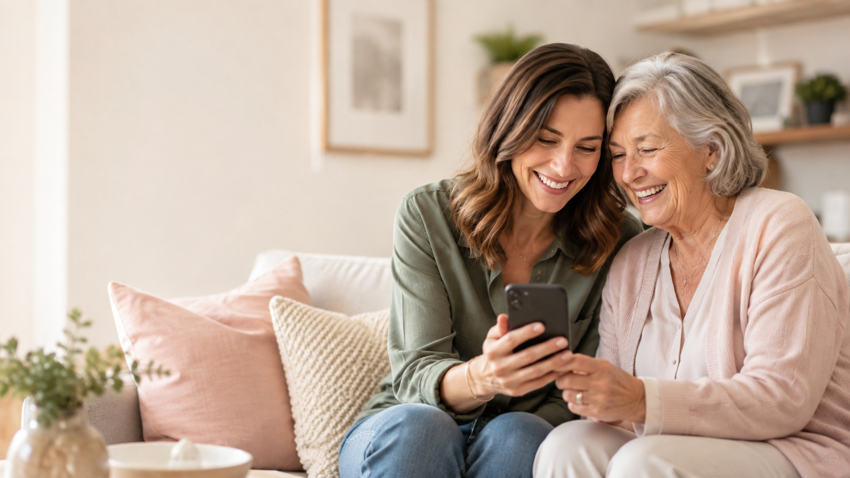 A daughter hugging her elderly mother, both smiling