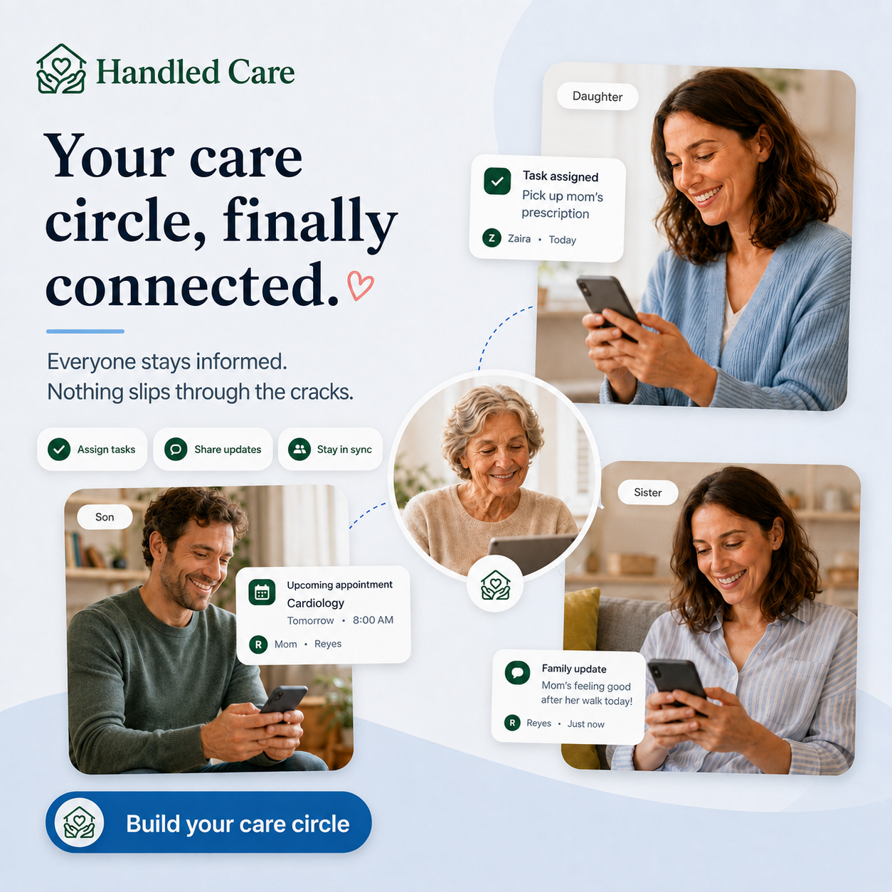Family members connected through the Handled care app