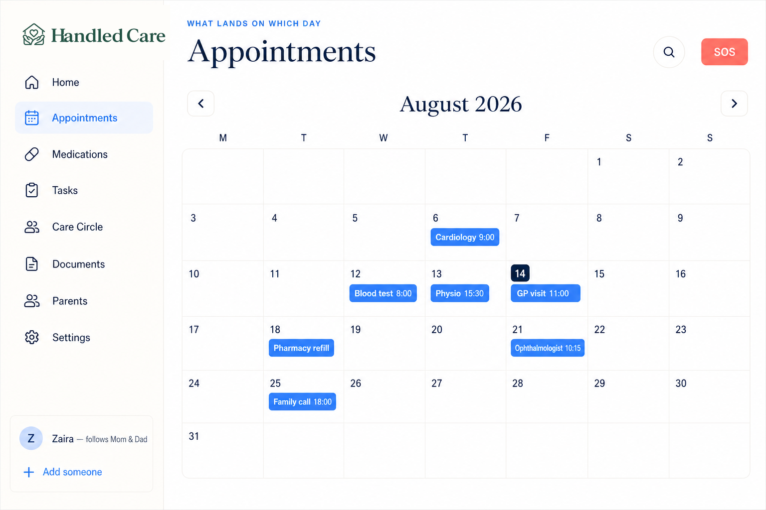Monthly calendar in Handled with appointments and who accompanies the parent